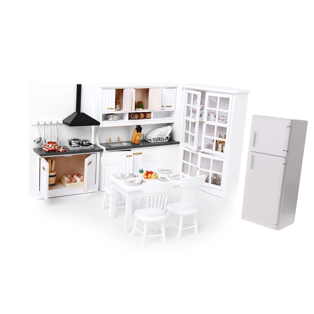 1/12 Dollhouse Miniature Wood Kitchen Cabinet Fridge Furniture Kit Accessory Suitable for 1:12 miniature dollhouse White