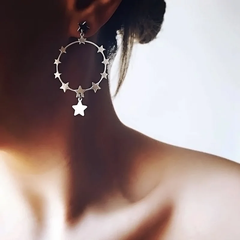 

Punk Style Silver Color Satr Pendants Big Round Circle Earrings 2019 Fashion Holiday Wedding Boho Jewelry Women Birthday Gift