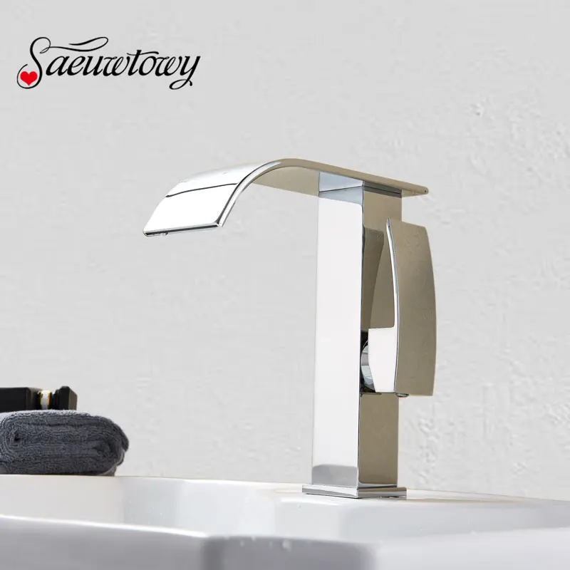 

Saeuwtowy Chrome Basin Faucet Deck Mounted Single Holder One Hole Hot & Cold Mixer Tap Waterfall