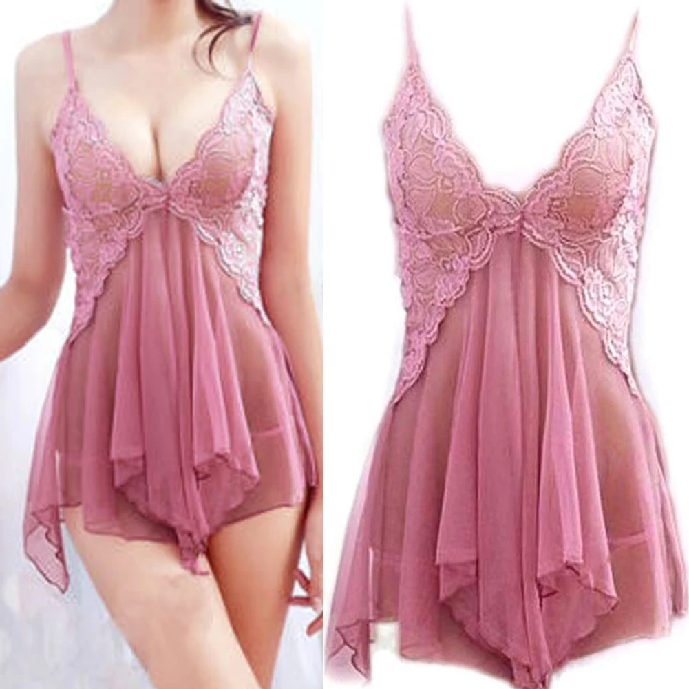 

2019 Sexy Women Lingerie Lace Dress Underwear Sleepwear+G-string Nightwear Dress Babydolls Chemises Exotic Apparel