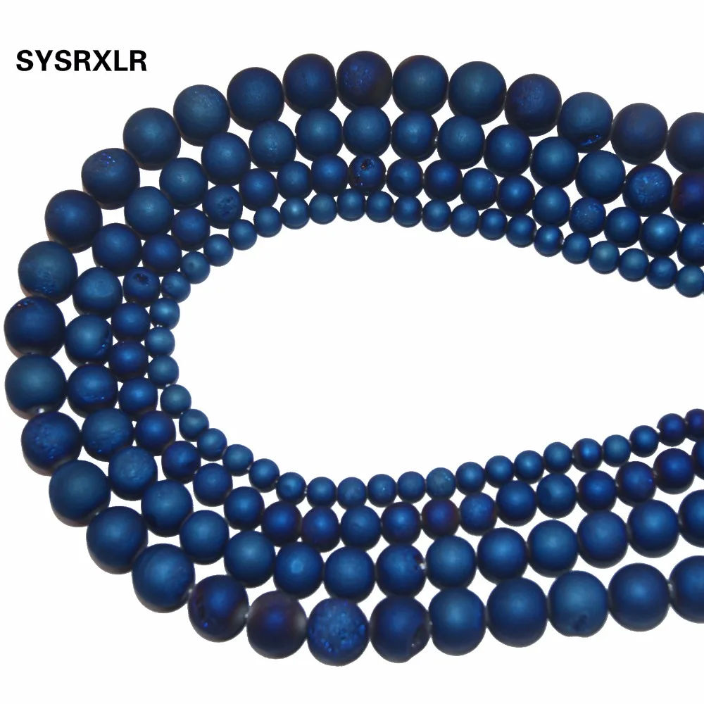 Free Shipping Natural Beads Round Matte Navy Blue Frosted Drusy Agata