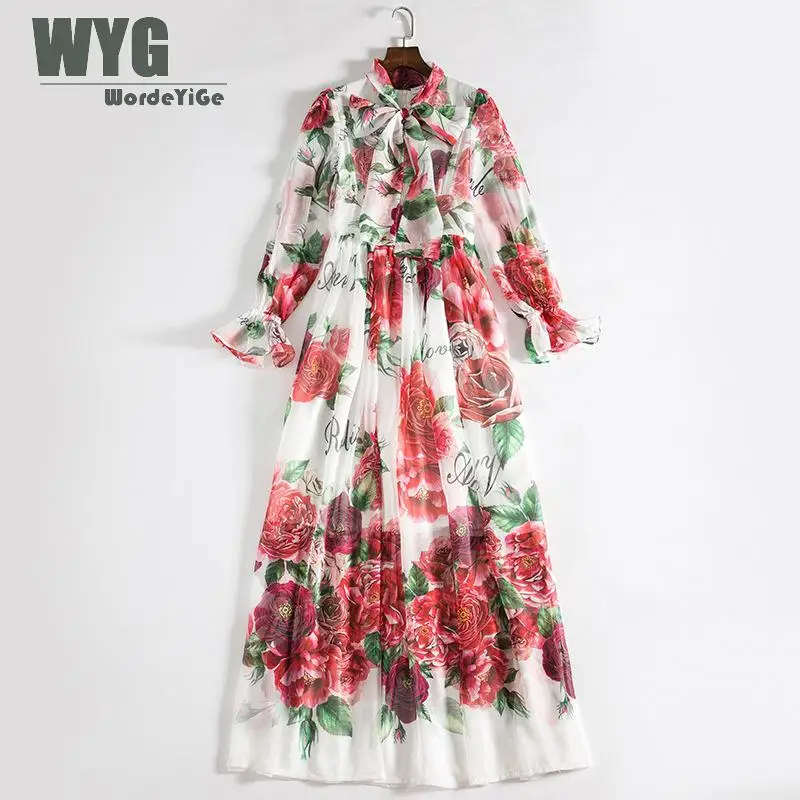 

Italy Fashion Elegant Long Dress For Holiday 2019 Spring Summer Bow Tie Flowers Blossom Flare Sleeve Romantic Maxi Dresses