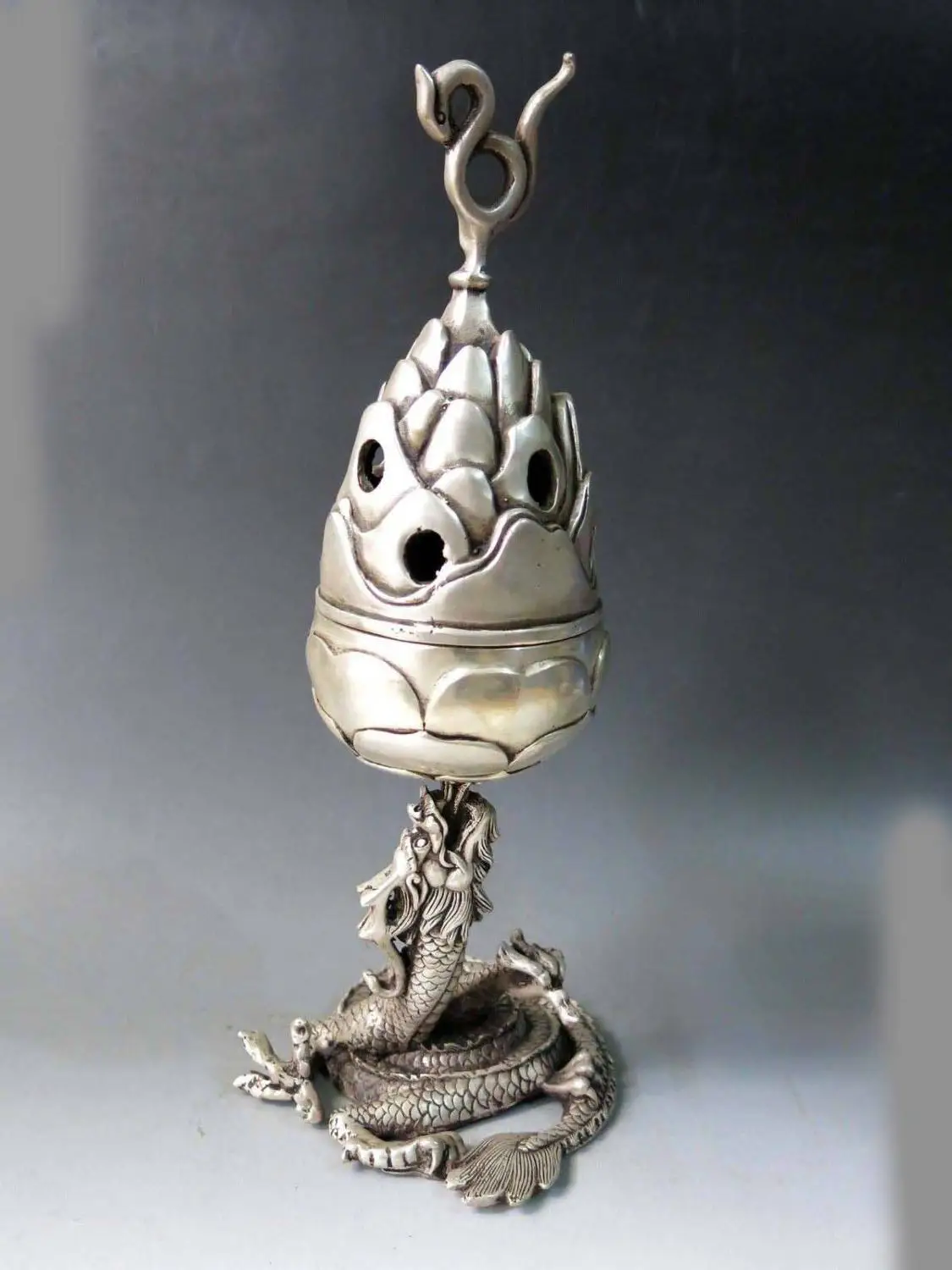 

13" China Silver carved Coiled Dragon censer Incense burner Sculpture Statue
