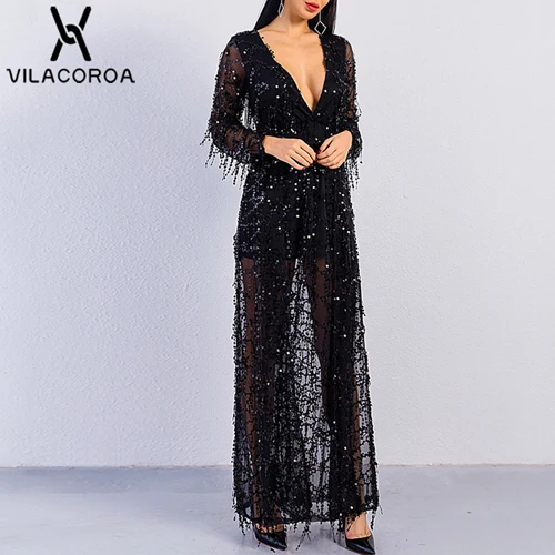 Модное сексуальное Сверкающее длинное платье с v-образным вырезом и длинным рукавом для женщин Vestidos с кисточками и блестками, Макси Вечерние платья для женщин - Цвет: Черный