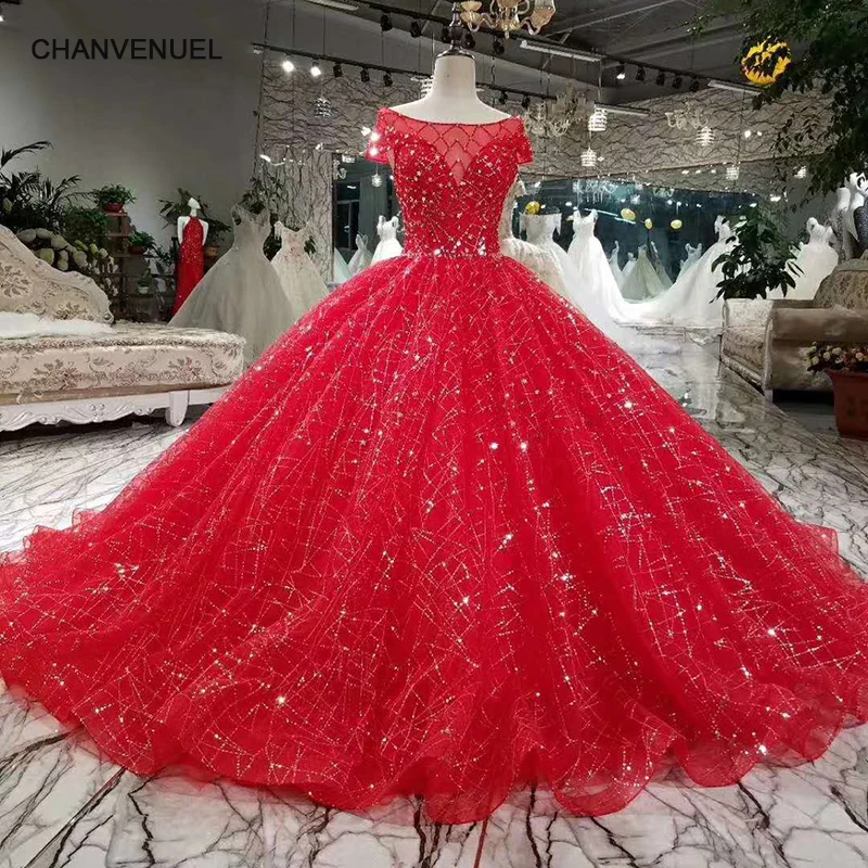 

LSS031 red cheap wedding dress short sleeve o neck ball gown elegant dress with long train for wedding party quick shipping