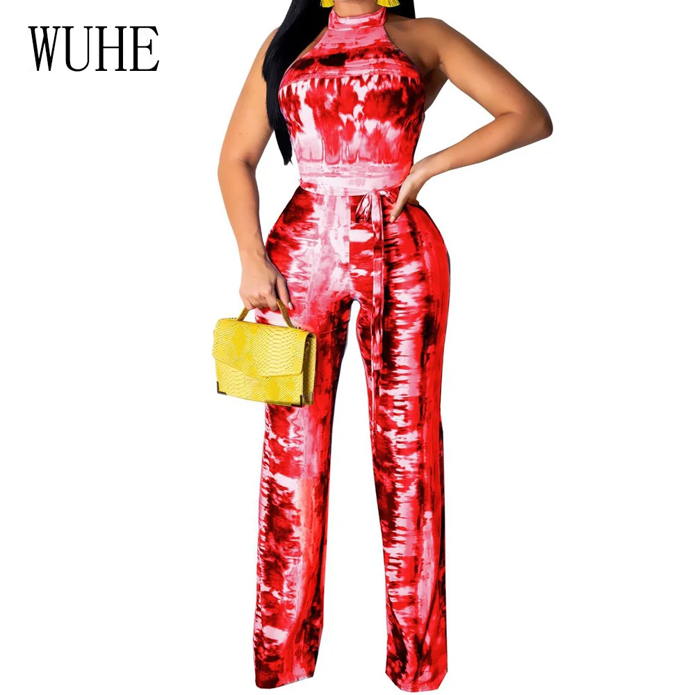 

WUHE Women Print Jumpsuit Sexy Bodysuit Sleeveless Halter Casual Summer Beach Romper Elegant Bandage Sleeveless Boho Playsuit