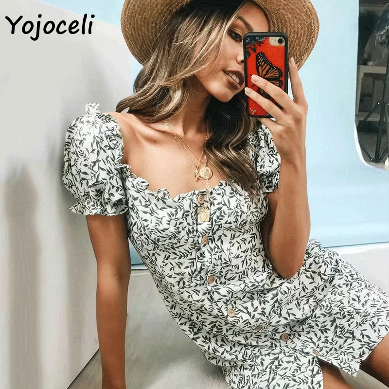 

Yojoceli chic leaves print dress women 2019 summer square neck button mini dress bohemian beach dress