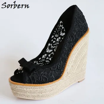 

Black Lace Women Wedge Pumps Peep Toe Bowknot Thick Platform High Heels Comfortable Ladies Shoes Summer Style Breathable Pumps