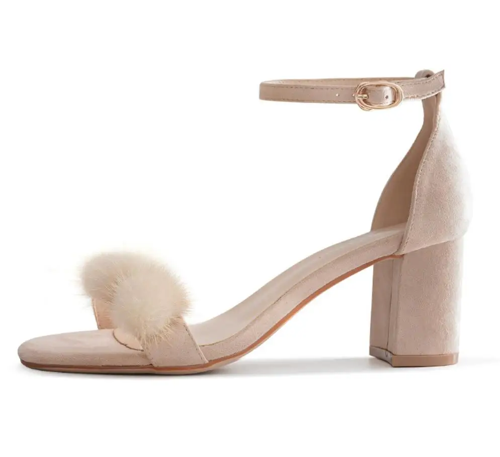

Hair ball sandals female summer 2019 new high heel thick with fur high heels plush word with open toe
