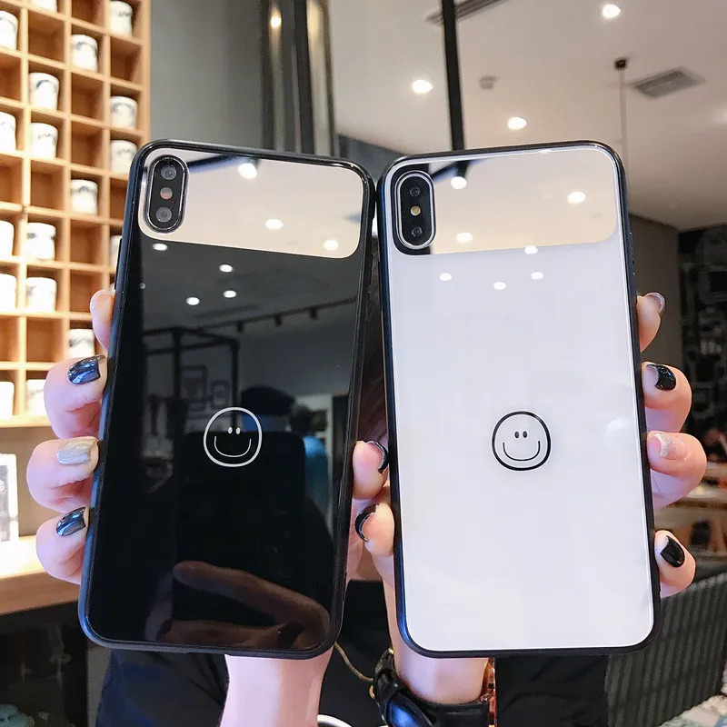 

Cute Phone Couple Cases Smiling Face concise Mirror Case Glass TPU Cover for iPhone 6 6s 7 8 Plus X XS XR XSMax
