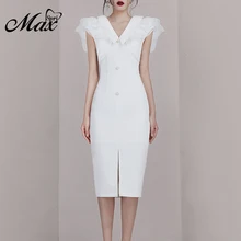 Max Spri 2019 New Fashion Women Office Dress V-neck Chiffon Ruffles Sleeve Front Slit Party Outwear Sexy Party Dress Solid White fashion v neck cutout cross back front slit dress for women