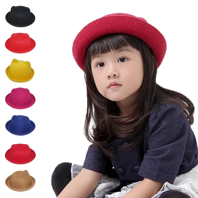 Girls Children Fedoras Hat Spring Bowler Hat Roll Brim Dome Top Devil Horns Cat Ear Felt Wool 20