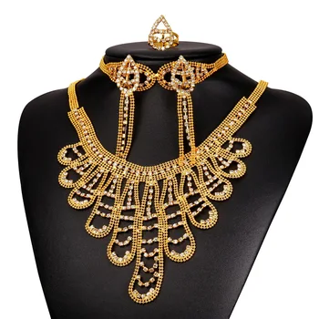 

New Yellow Gold Color Rhinestone Necklace Bracelet Earrings And Ring Bridal Ethiopian Jewelry Set For Women NEHR1911