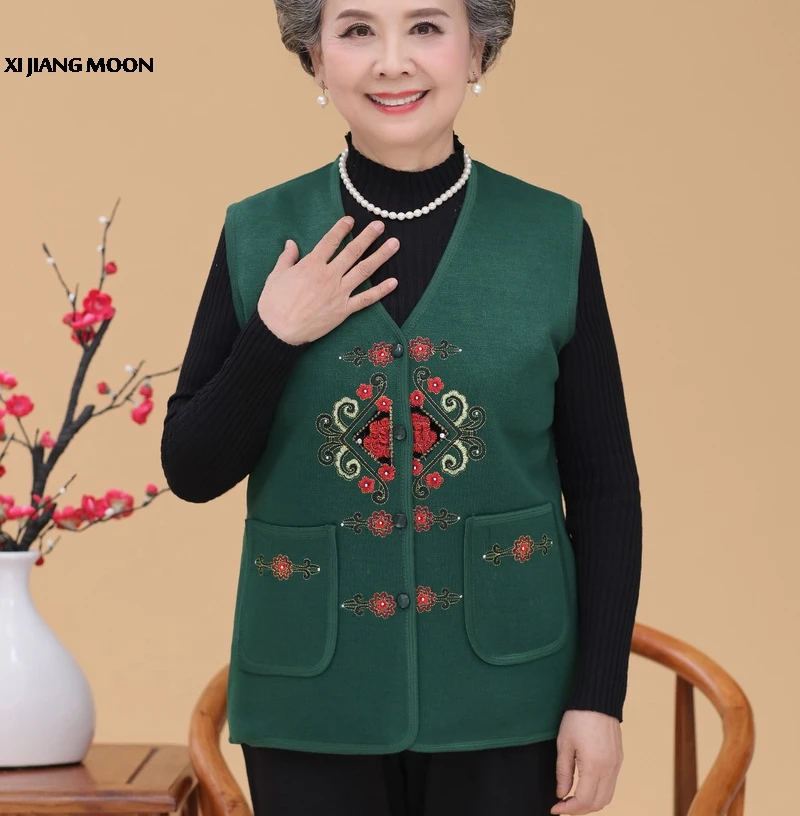 

2019 Autumn New Middle-Aged Women Knitting Cardigan Vest Casual Plus Size Embroidery 60-70 Year Old Grandma'S Vest Sweater R602