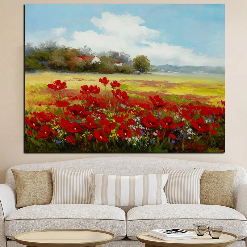 Print Abstract Wild Red Flower Poppies Landscape Oil Painting on Canvas Modern Pastoral Poster Art Wall Picture for Living Room (2)