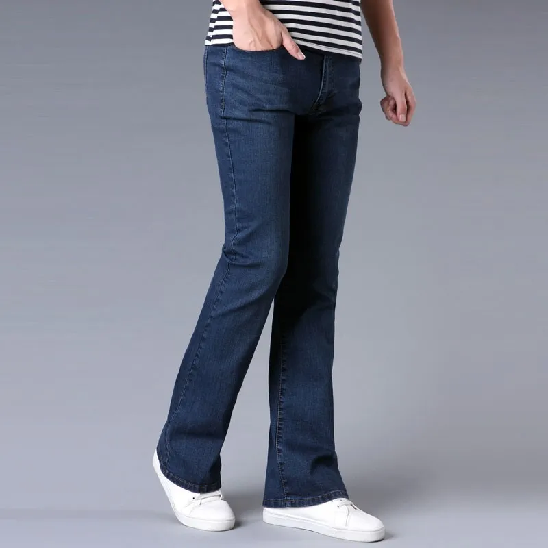 Мужские черные, синий сапог, расклешенные джинсы, Мужские джинсы в Корейском стиле, зауженные джинсы, Hommes, мужские Облегающие расклешенные джинсы, брюки из хлопка