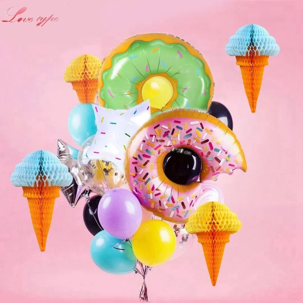 

1Set Ice Cream Paper Honeycomb Donut Grow Up Garland Food Balloons Tissue Pompoms Wedding Birthday Summer Party Decoration
