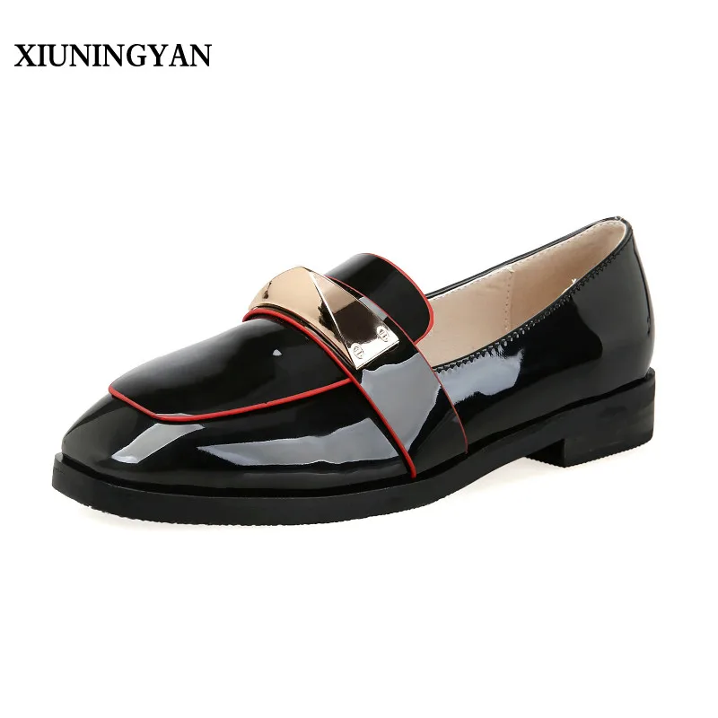 

XIUNINGYAN 2018 Loafer Women Genuine Cow Leather Round Toe Slip-on Punk Style Patent Leather Brogue Flats Handmade Shoes Woman