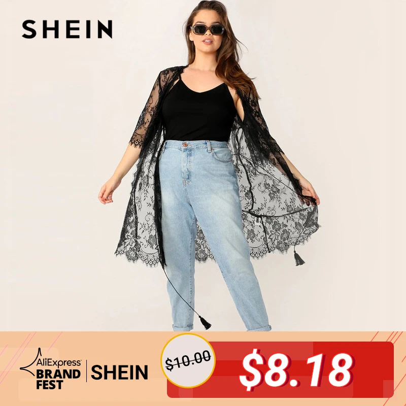 SHEIN Plus Size Black Sheer Eyelash Lace Kimono With Tassel Belt Women Summer Boho Half Sleeve Longline Contrast Lace Kimonos SHEIN Plus Size Black Sheer Eyelash Lace Kimono With Tassel Belt Women Summer Boho Half Sleeve Longline Contrast Lace Kimonos