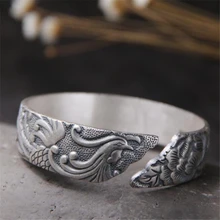 S999 Стерлинговое Серебро резной Фортуна Феникс пион женщина манжета браслет 13 мм ширина 55,70 г для ref