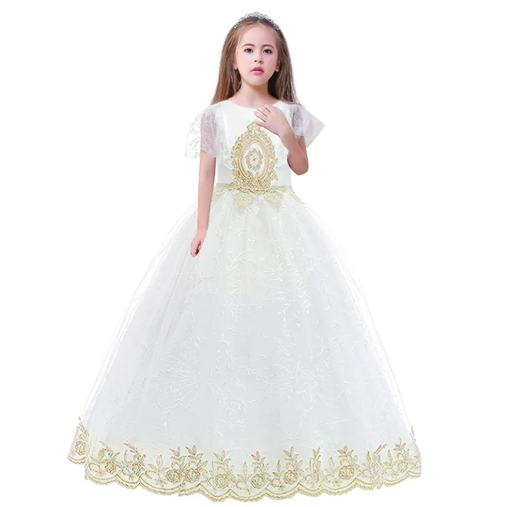 

Girls Party Pageant White Long Princess Dress 5-10T Kids Lace Sleeveless Floral Tulle Birthday Gown Dress Children Clothes BW282