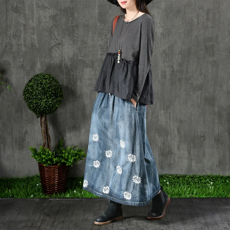 Embroidered Thin Blue Skirts Wind Retro Theatrical Elastic Waist line Line Sen Denim A White Wear National Was Female Washed Autumn 0Hqw8xHO