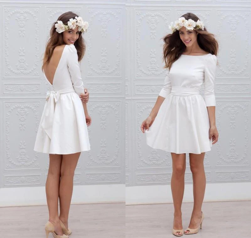 

Fall 2019 New Elegant Boho Short Wedding Dresses Scoop A Line 3/4 Long Sleeves Satin Knee Length Beach Bridal Wedding Gowns