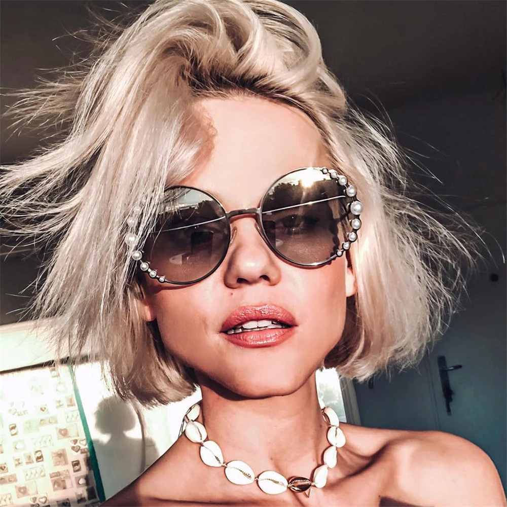

VIVIBEE Oversized Ladies Luxury Sunglasses with Pearls Round Style Shades for Women Brand Designer Pearl Women Sun Glasses