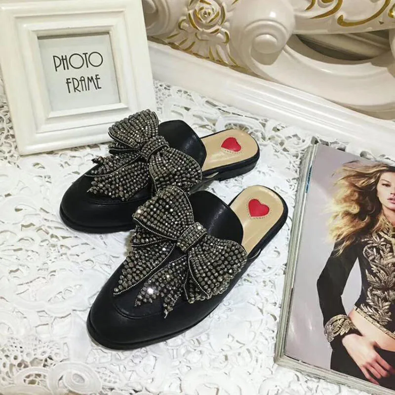 

New fashion blingbling crystal women mules US size round toe flat with handmade women slippers outside