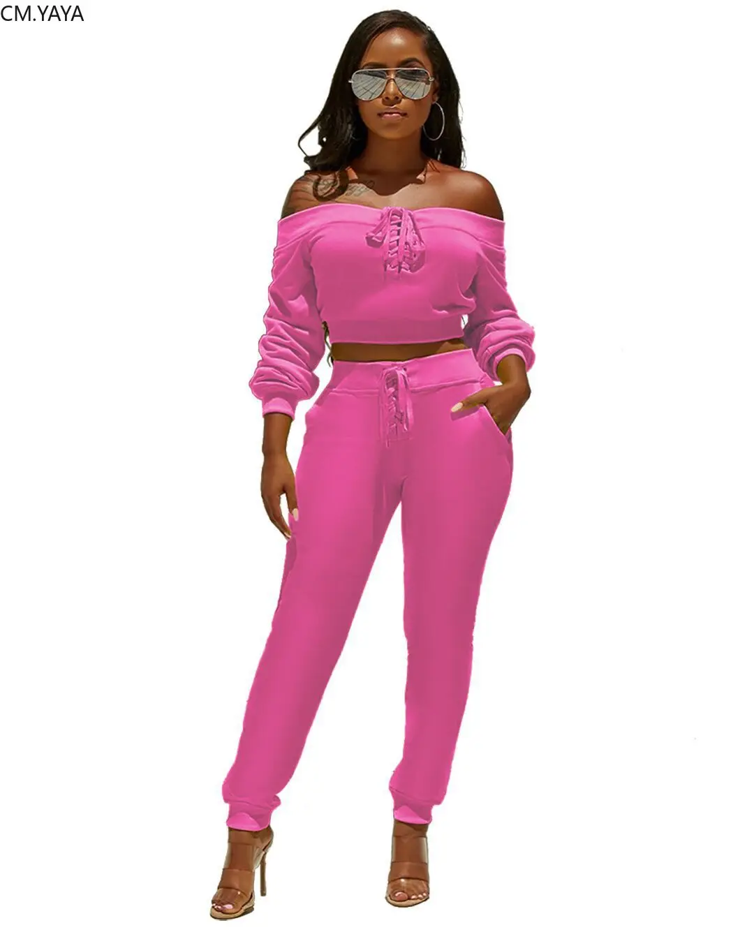 Women autumn lace up off shoulder slash neck sweathirts top pencil pants suit two piece set sporty tracksuit outfit GLYS298