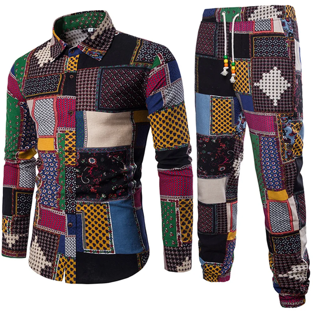 Chinese Vintage Male Vacation Set Club Boys TrackSuits Hot Sale Man Clothing 2019 Autumn New Fashion Floral Pants And Shirt Suit