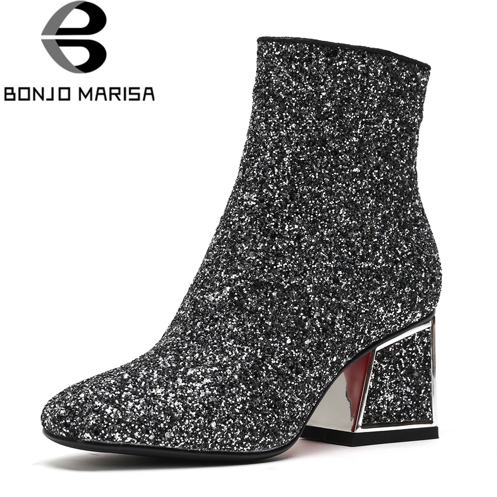 

BONJOMARISA 2019 Autumn Fashion Large Size 34-42 Glitters Ankle Boots Women Party High Hoof Heels Shoes Woman