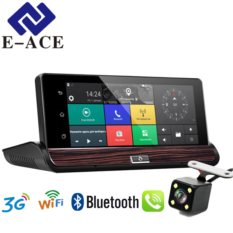 

E-ACE Dashcam 3G Car Dvr GPS Navigation 16G Auto Camara Android 7.0 Inch Rearview Mirror FHD 1080P Video Recorder Wifi Bluetooth