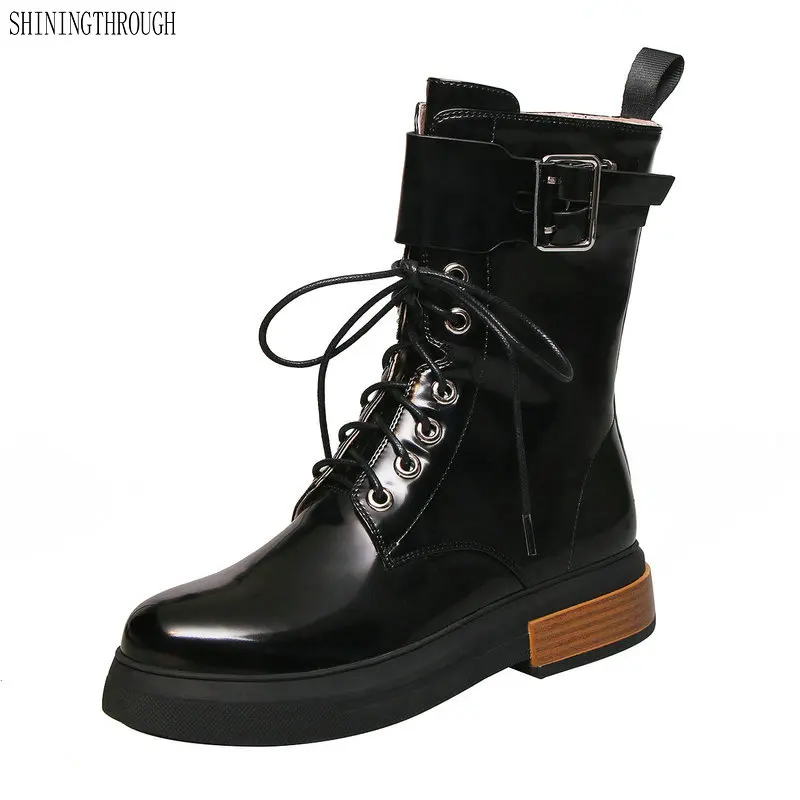 

100% Cow leather Women Ankle Boots 3cm low Heels Shoes Woman Cross-tied Genuine Leather Punk Motorcycle Boots