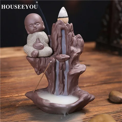 HOUSEEYOU горелка для благовоний с Горным водопадом маленький Монах Будда обратная палочка для благовоний курильница для дыма керамическая курильница+ 10 конусов - Цвет: Beige