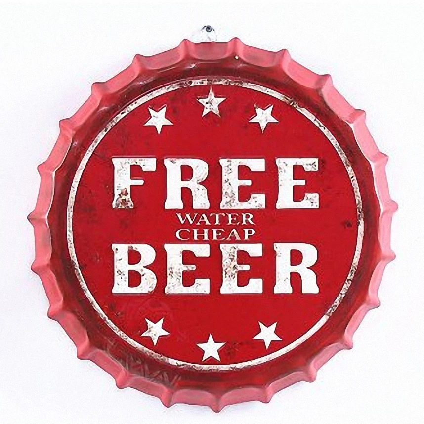 

FREE BEER Large 3D Beer Cover Tin Sign Logo Plaque Vintage Metal Painting Wall Sticker Iron Sign Bar KTV Cafe Decor 42X42 CM