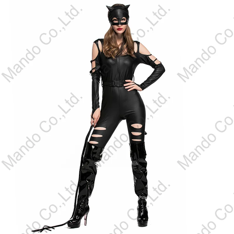 Девушка сексуальная кошка карнавальный костюм женский, черный PU комбинезон Хэллоуин вечерние наряд девушки маскарад Вечерние наряд