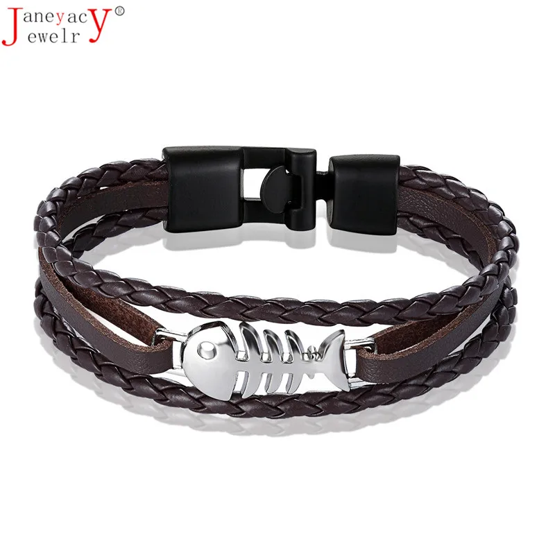 

2019 Fashion Jewelry Fish Bone Leather Bracelet Men Casual Personality Women Bracelet Multi-layer Bracelet Statement Pulseira