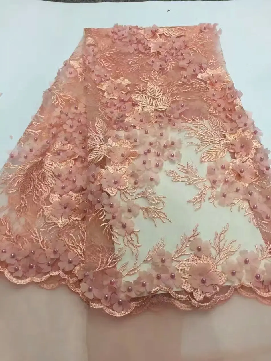 Pesca 3d del fiore del tessuto con perline 2017 nuovo disegno in rilievo Tessuto di Pizzo con fiore 3d di Alta Qualit  Tessuto Africano Del Merletto in