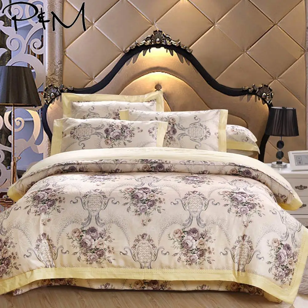 

2019 Golden Bohemian Flowers Bedlinens Queen King Size Flat Sheet Embroidery Duvet Cover Set Silk Cotton Bedding Set