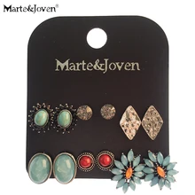 Marte& Joven 6 шт./партия, синий камень, Комплект сережек для женщин, Классический круглый/Овальный/Ромбический серебряный цвет, серьги, аксессуары, подарки