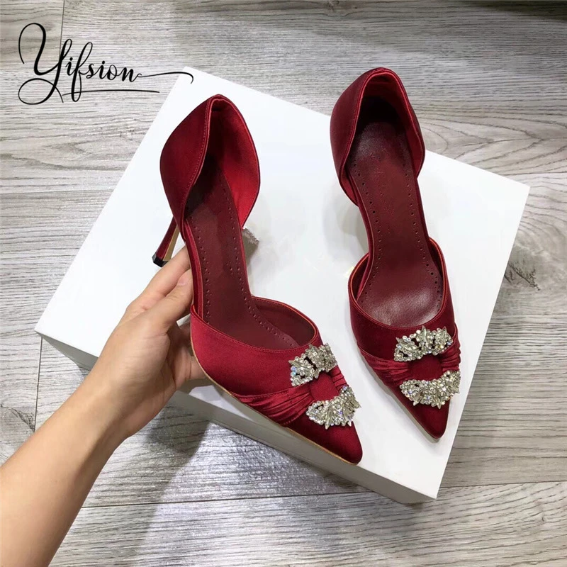 

OLOME New Spring Summer Real Leather Women Pumps Black Red Pointed Toe Slip On Crystal Thin Mid Heel Pumps Shoes Woman