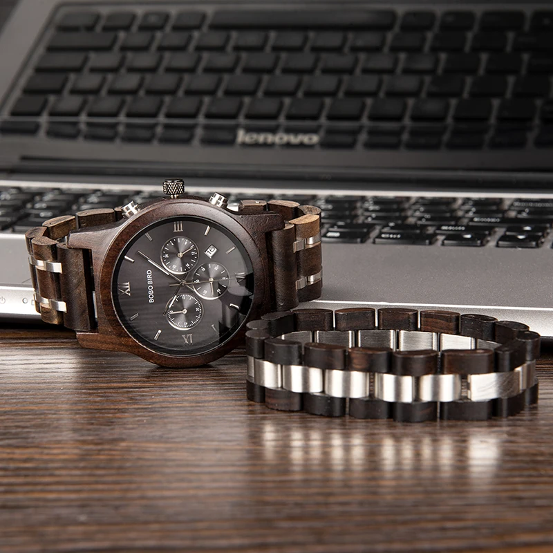 BOBO BIRD Fashion Stylish Men Wood Watches With Bracelet Business Quartz Timepiece Chronograph Stop Watch Best Gift In Box P19-1
