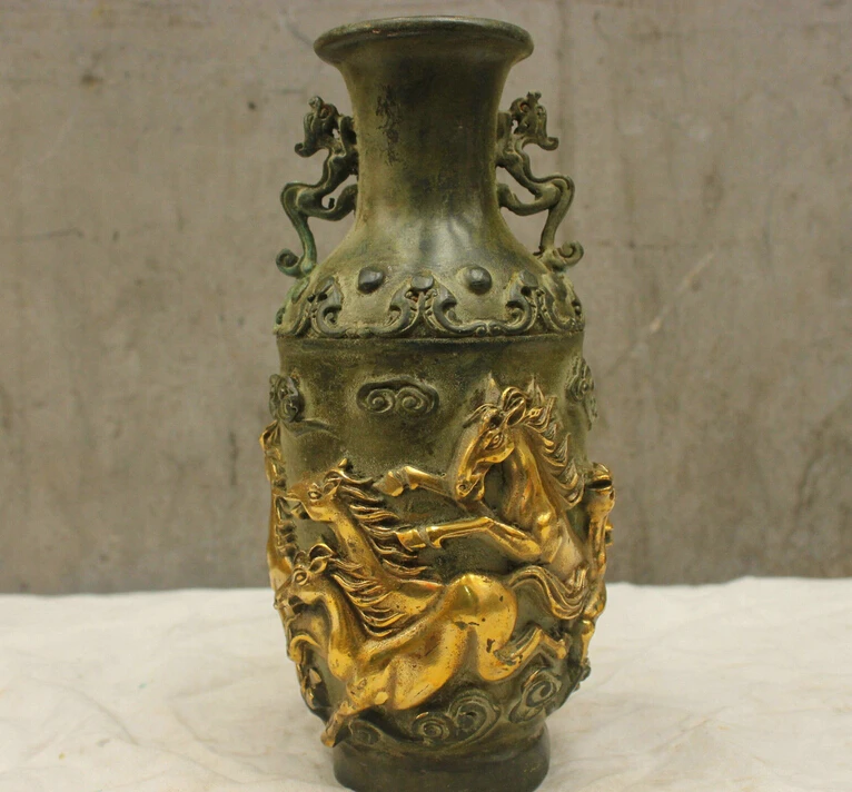 

Chinese Culture Handmade Old Bronze Brass Statue Eight horses full map Vases