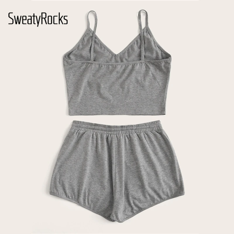 SweatyRocks однотонный топ на бретельках и шорты с завязками на талии женские летние спортивные шорты базовый комплект из двух предметов шорты в уличном стиле