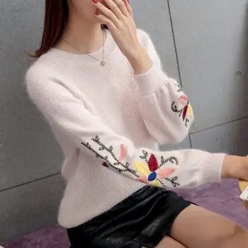 

Girl 2018 new autumn and winter wool sweater loose backing Embroidered Floral students low Pullover