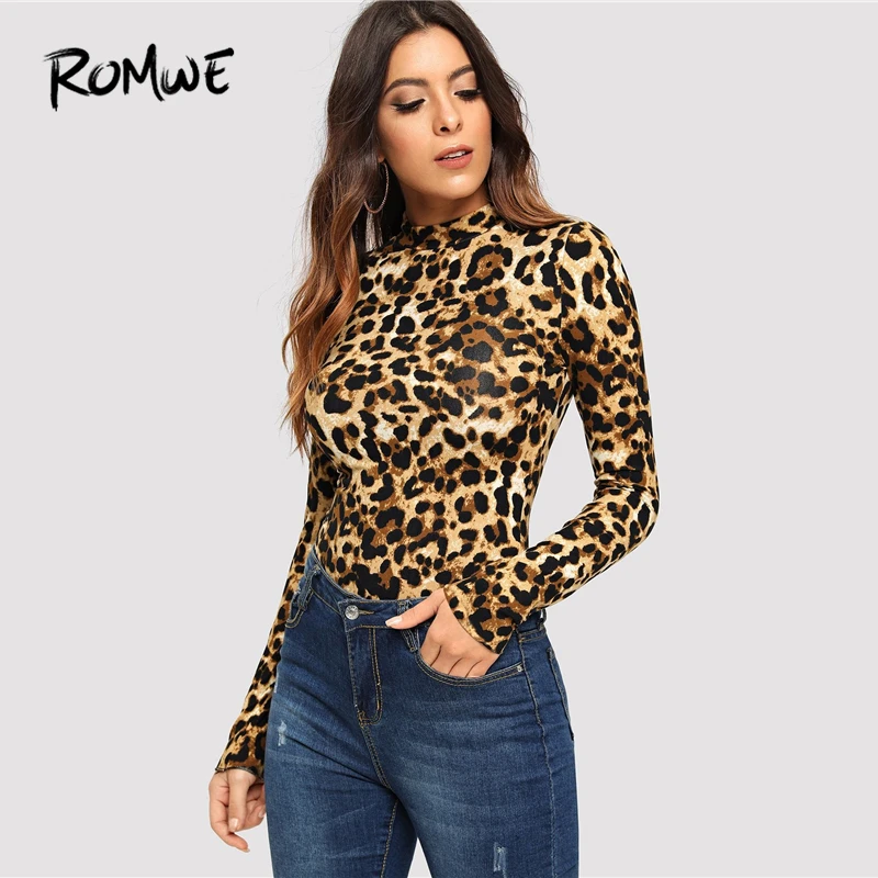 Download ROMWE Leopard Print Mock Long Sleeve Tee Shirt Women ...