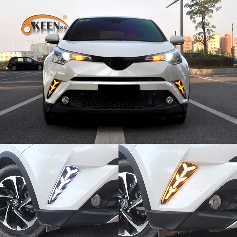 

OKEEN 12V Car Daytime Running Light For Toyota CHR C-HR 2017 2018 DRL White Turn Signal Light Yellow Amber Fog Lamps Car Styling