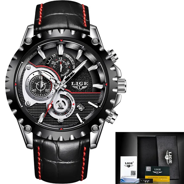 Люксовый бренд LIGE часы мужские модные спортивные военные кварцевые часы мужские полностью стальные бизнес водонепроницаемые мужские часы Relogio Masculino - Цвет: leather black