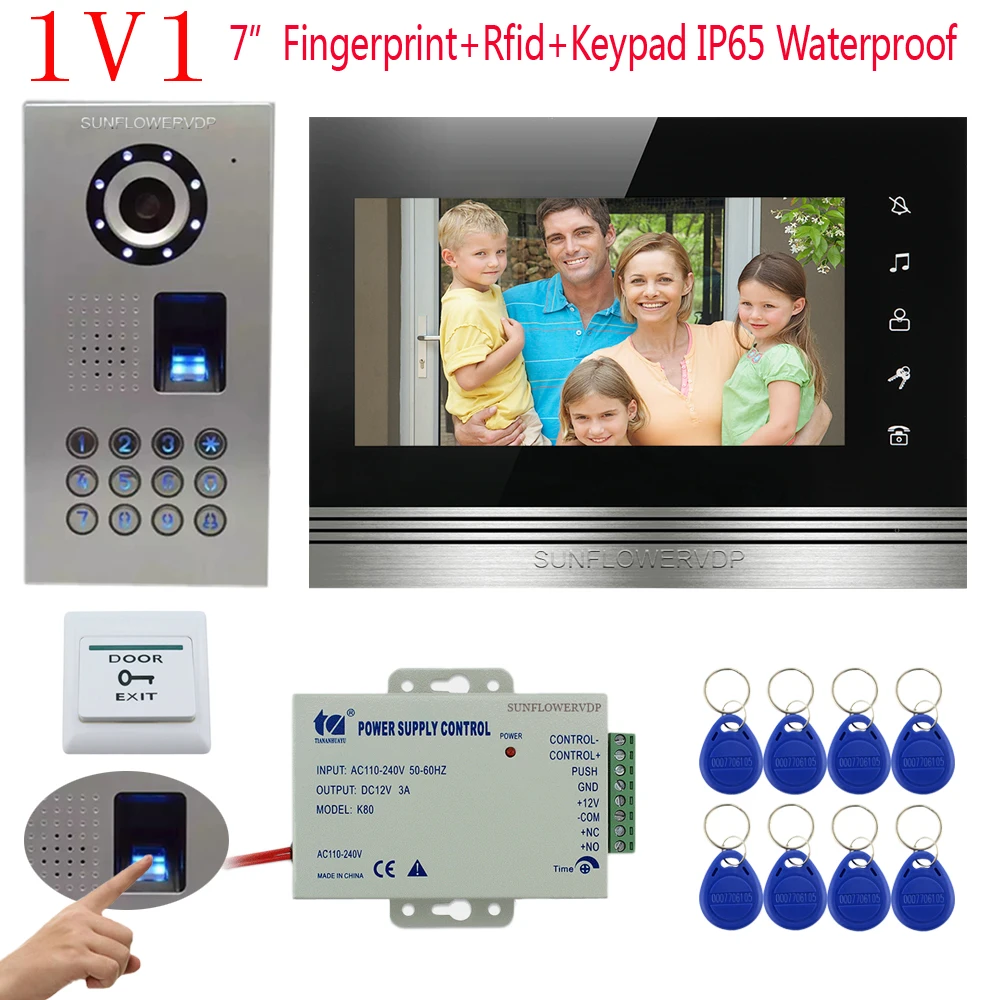 

Touch Key Video intercom IP65 Waterproof Fingerprint /Code Unlock Intercom Video CCD Rfid Camera 7" Color Monitor Doorphone
